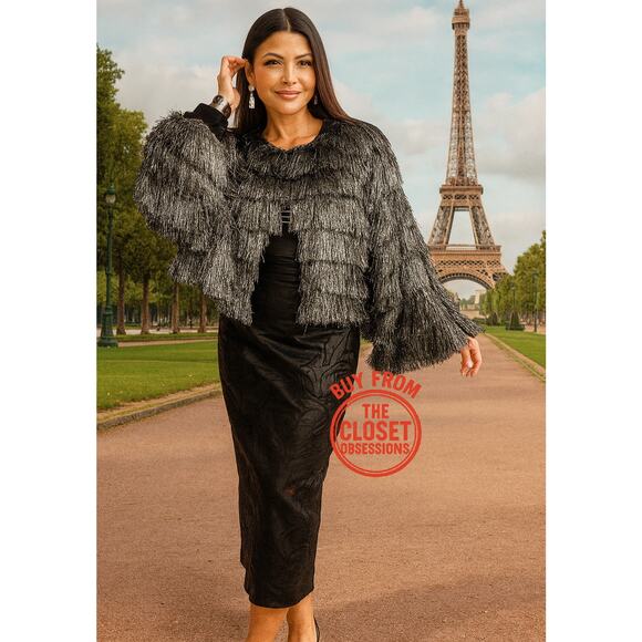 ZARA Fringed Metallic Thread Jacket NWT Silver Size S - Picture 6 of 16